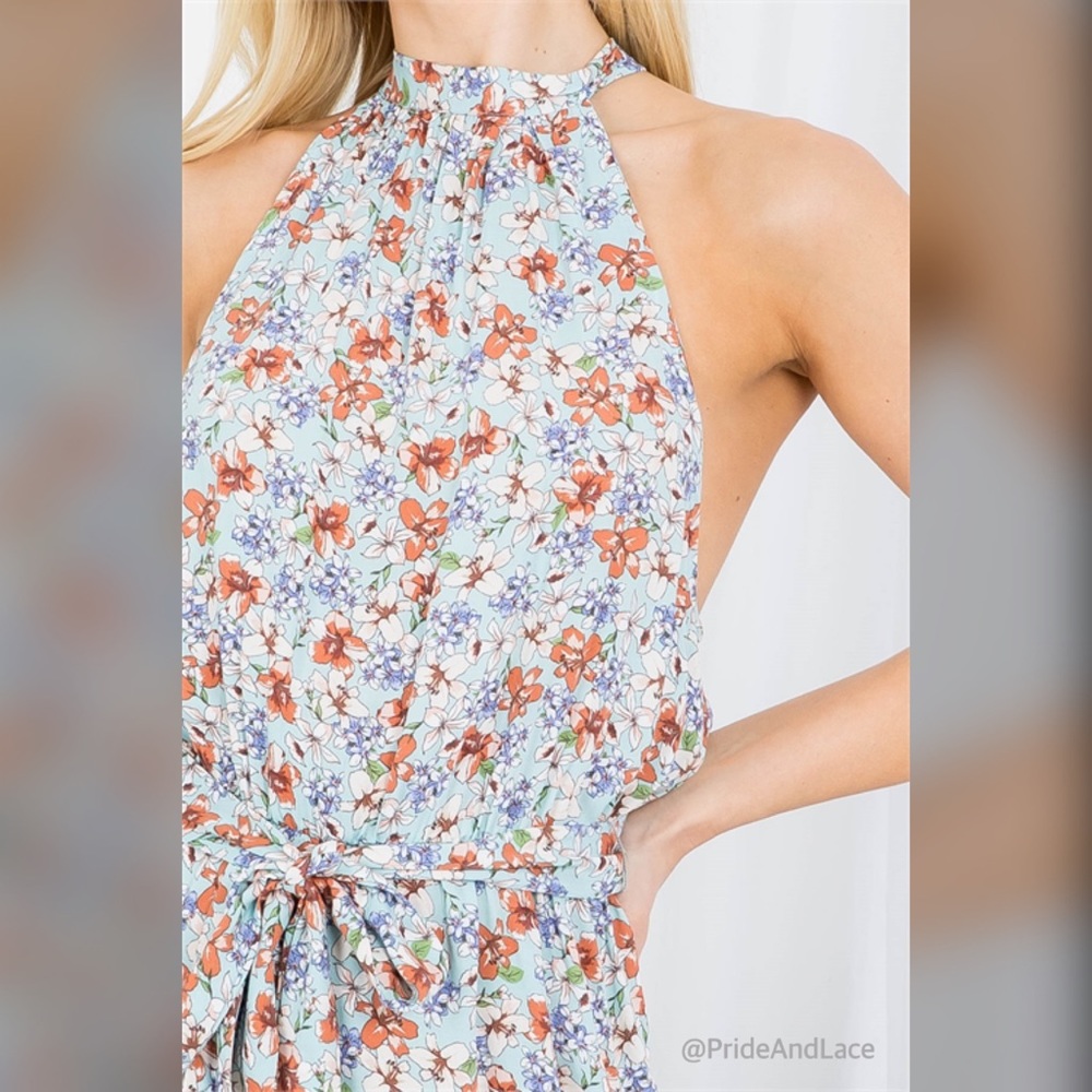 🆕 MINT FLORAL PRINT TIE WAIST WITH SIDE POCKET RACERBACK ROMPER - Picture 6 of 6